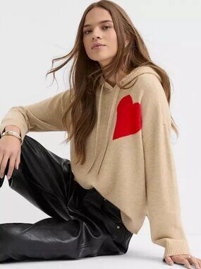 LOFT Heart Hoodie Sweater Size S Beige Tan Red Heart Knit Pullover